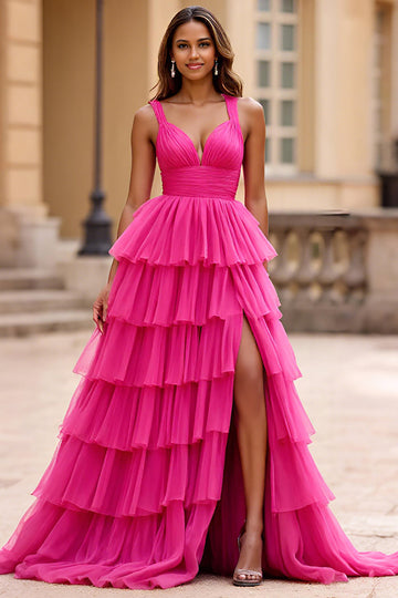 Robe de bal longue en tulle à col en V fuchsia à volants